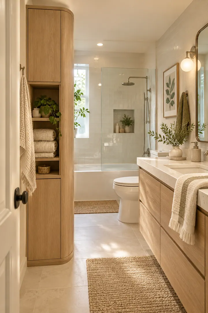 Small bathroom entrance with a tall pale-oak linen cabinet featuring a rounded outer corner and open towel niche.
