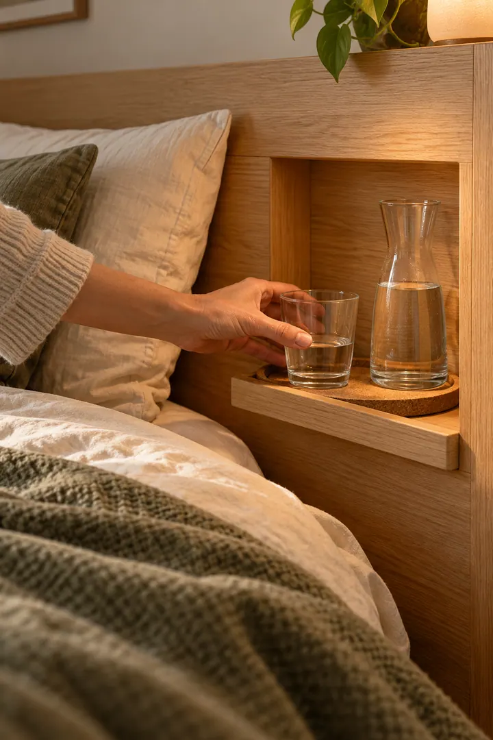 Close-up of a hand returning a glass to a cork-lined headboard niche beside a small water carafe.