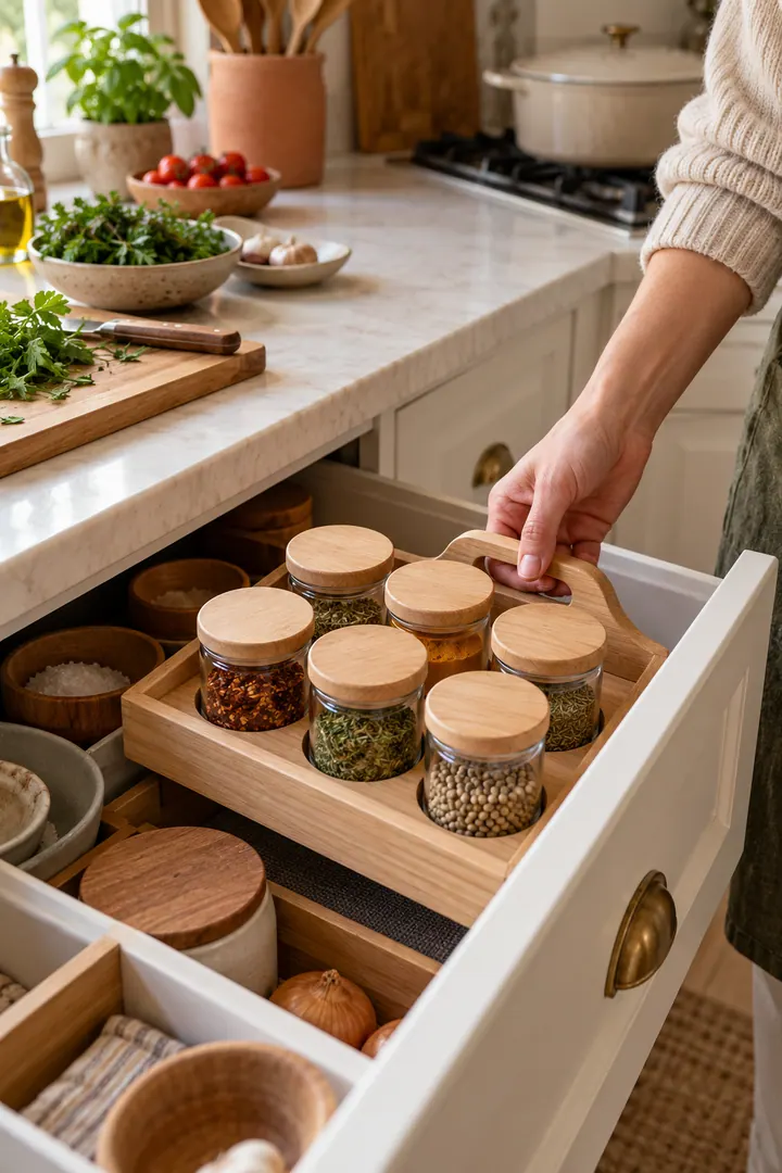 Close-up of a hand lifting a fitted wooden spice tray with blank jars from a compact kitchen drawer.