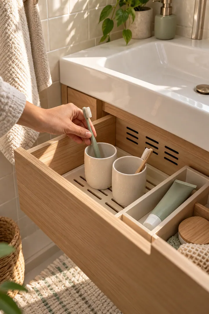 Close-up of a hand placing a plain toothbrush into a removable cup inside a ventilated vanity drawer.
