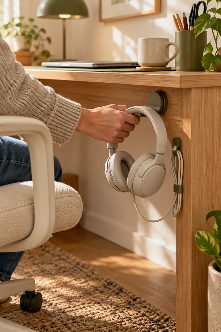 Close-up of a hand hanging plain headphones on a padded recessed hook beneath a compact oak desk shelf.