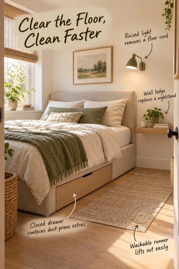 Compact warm bedroom with a wall-mounted bedside ledge, raised lamp, closed under-bed drawer, and washable runner annotated as easy-clean solutions.