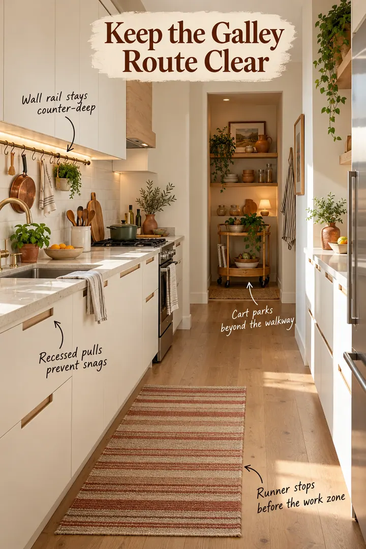 Narrow apartment galley kitchen with recessed pulls, a shallow tool rail, a parked end cart, and an unobstructed central walkway.