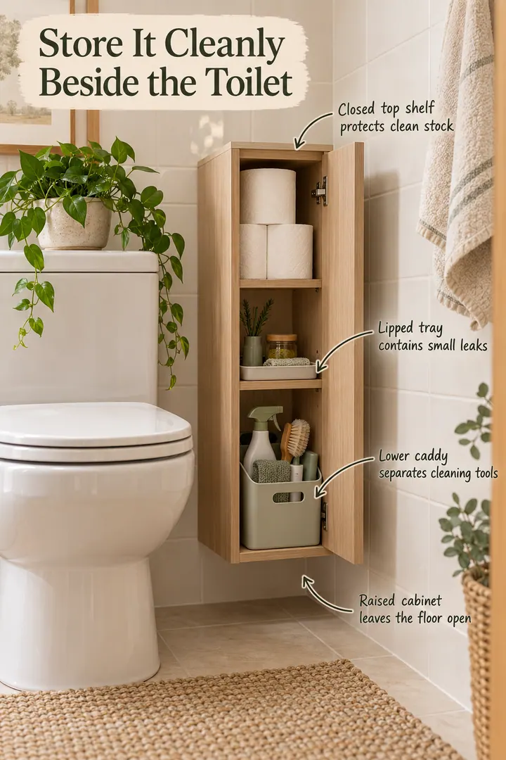 Tiny bathroom with an elevated closed cabinet beside the toilet, separated paper storage, removable cleaning caddy, and open floor.
