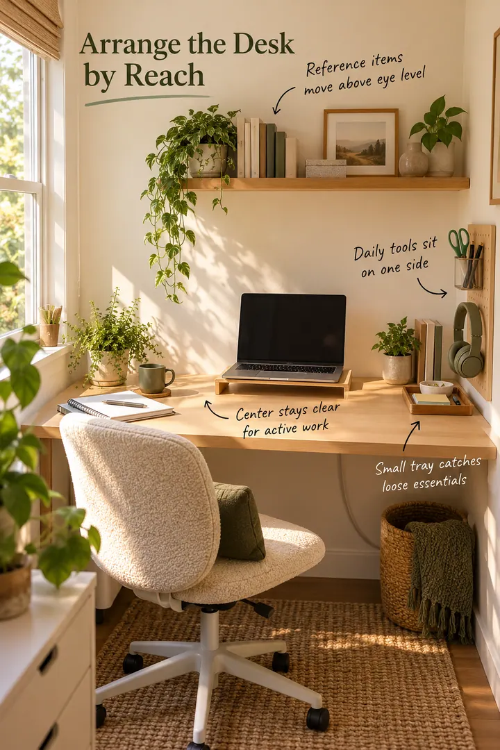 Tiny office nook annotated with a clear central work area, side tool zone, upper reference shelf, and small essentials tray.