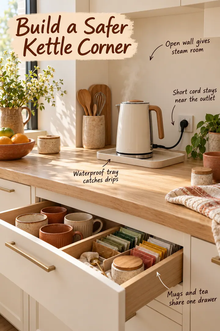 Compact kitchen kettle station with open steam clearance, secured short cord, waterproof drip tray, and nearby tea drawer.