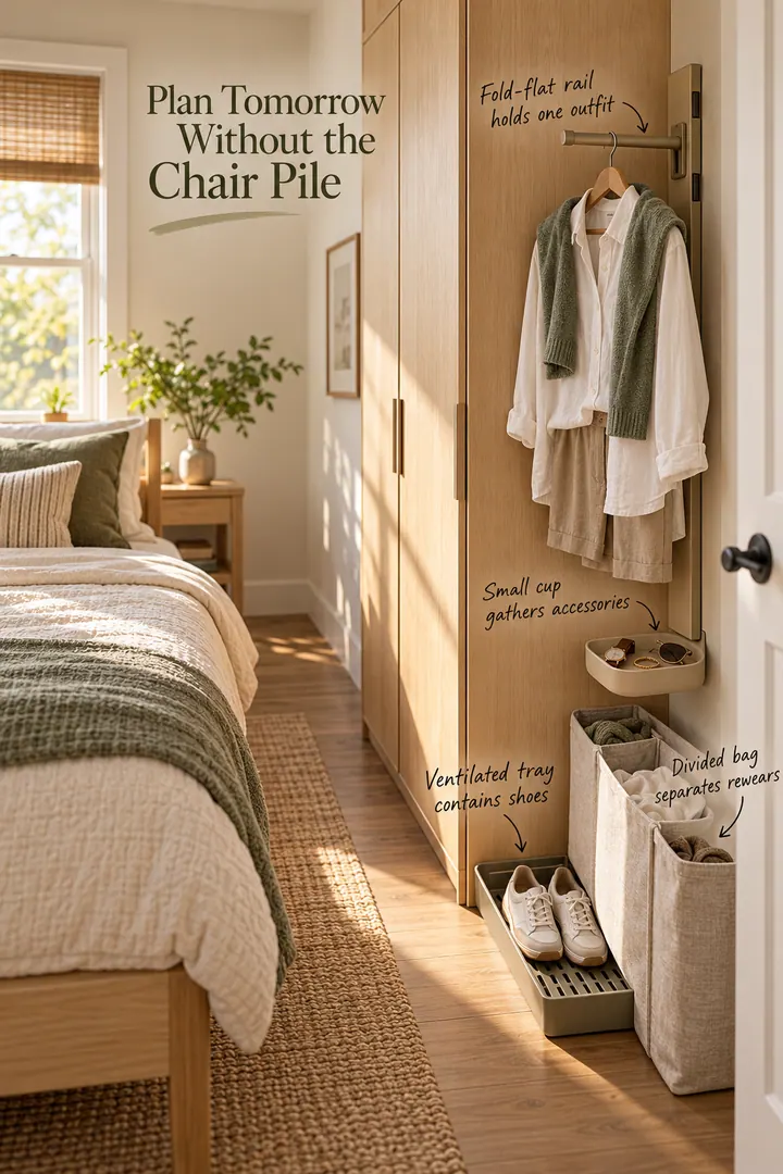 Small bedroom wardrobe side fitted with a fold-flat outfit rail, accessory cup, shoe tray, and divided fabric bag.