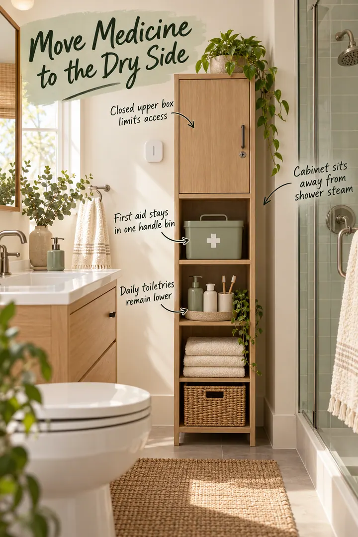 Small bathroom with a dry-side linen cabinet containing a closed upper medicine box, handled first-aid bin, and lower toiletries.