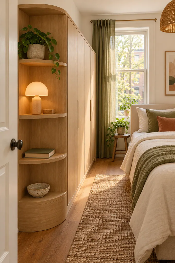 Compact bedroom with a shallow oak wardrobe featuring a rounded end, curved display shelves, and a clear route beside the bed.