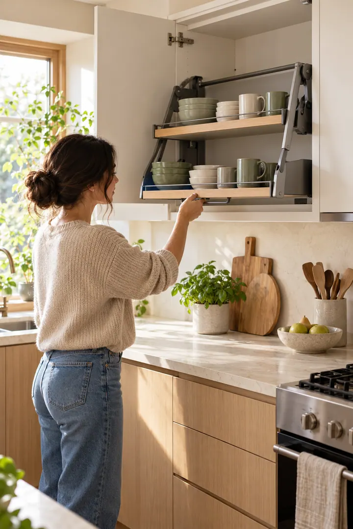 Person lowering a pull-down upper-cabinet shelf holding lightweight bowls and cups in a compact warm kitchen.