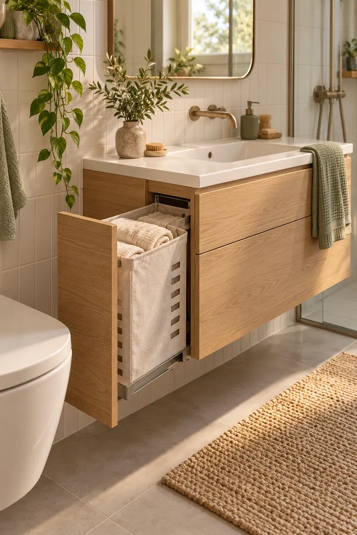 Tiny bathroom with a floating oak vanity and a partly open ventilated laundry drawer containing dry hand towels.