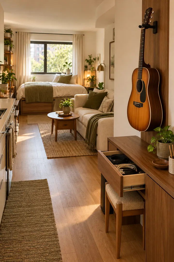 Compact studio music corner with one wall-mounted acoustic guitar, shallow cable cabinet, tucked stool, and open walkway.