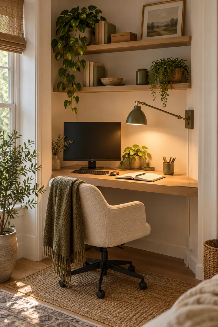 Tiny office alcove with a clear shallow desk and an adjustable wall light aimed beside the monitor to reduce glare.