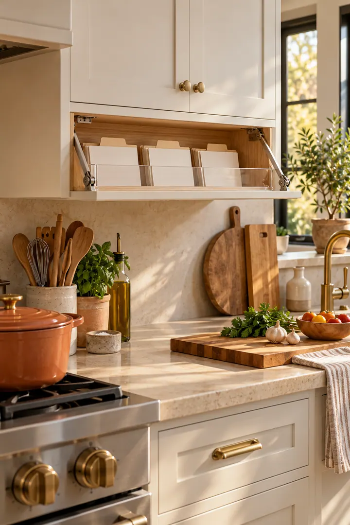 Compact kitchen with an open drop-front recipe holder beneath an upper cabinet and a clear preparation counter below.