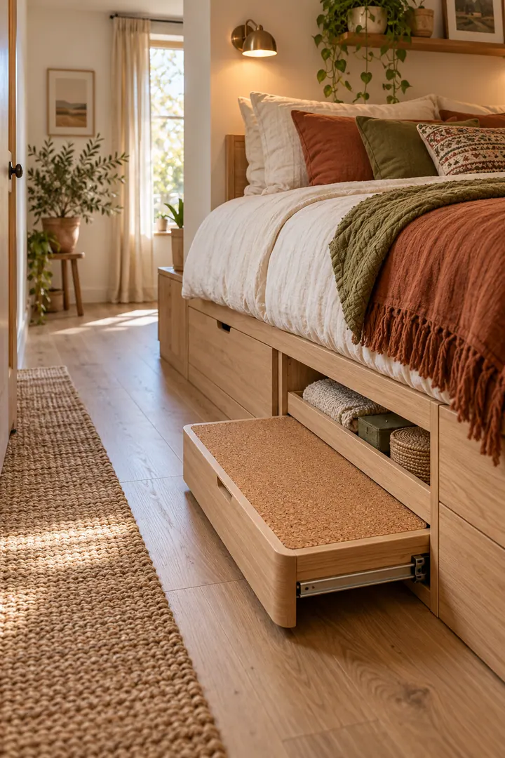 Narrow bedroom with a wide nonslip step pulled from the side of a moderately raised oak storage bed.