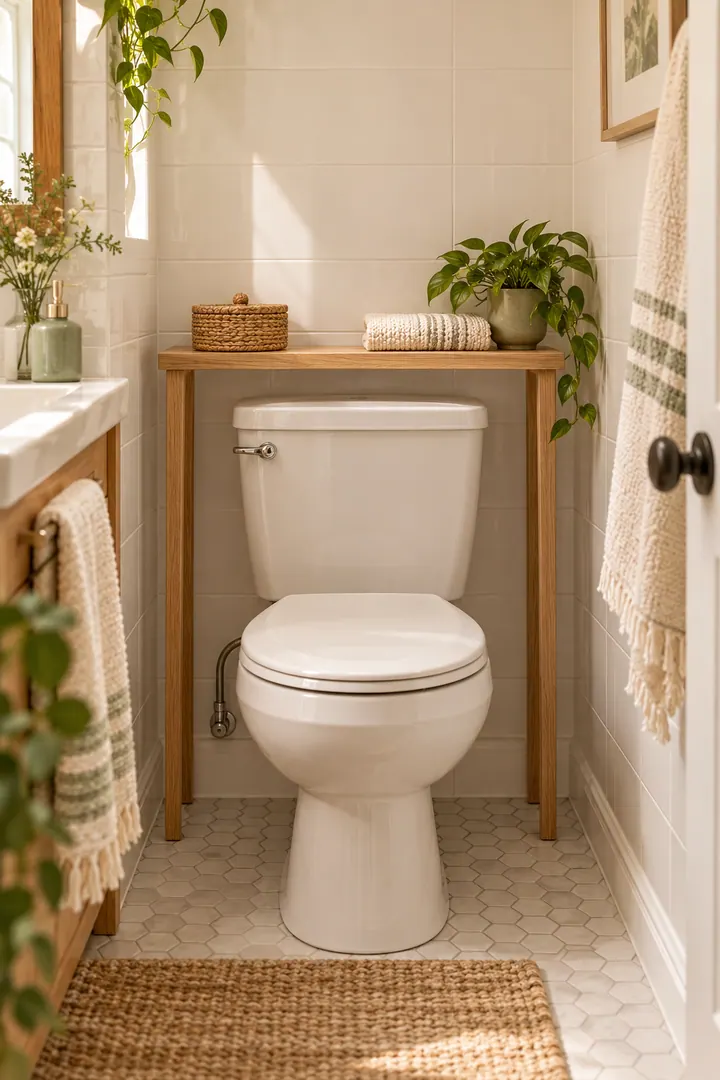 Tiny bathroom with a slim freestanding bridge shelf spanning above but not touching the toilet tank.