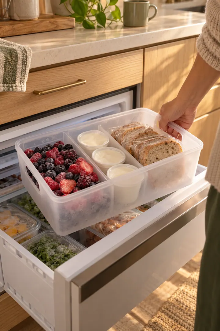 Hand lifting a shallow handled breakfast bin with berries, portion cups, and wrapped bread from a compact freezer drawer.