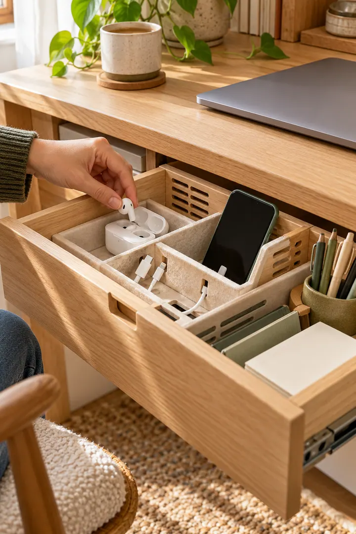 Hand placing earbuds into a ventilated charging insert inside a shallow desk drawer with a separate phone slot.