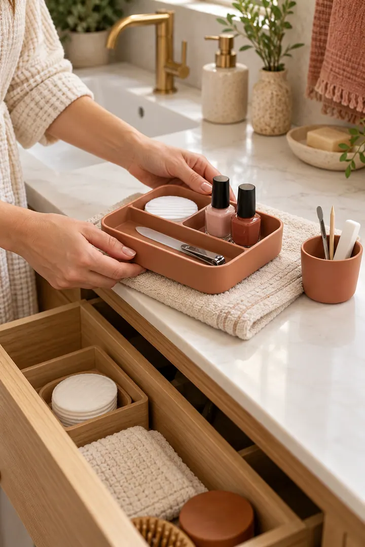 Hand lifting a washable manicure tray with clippers, file, cotton pads, and upright polish bottles from a vanity drawer.