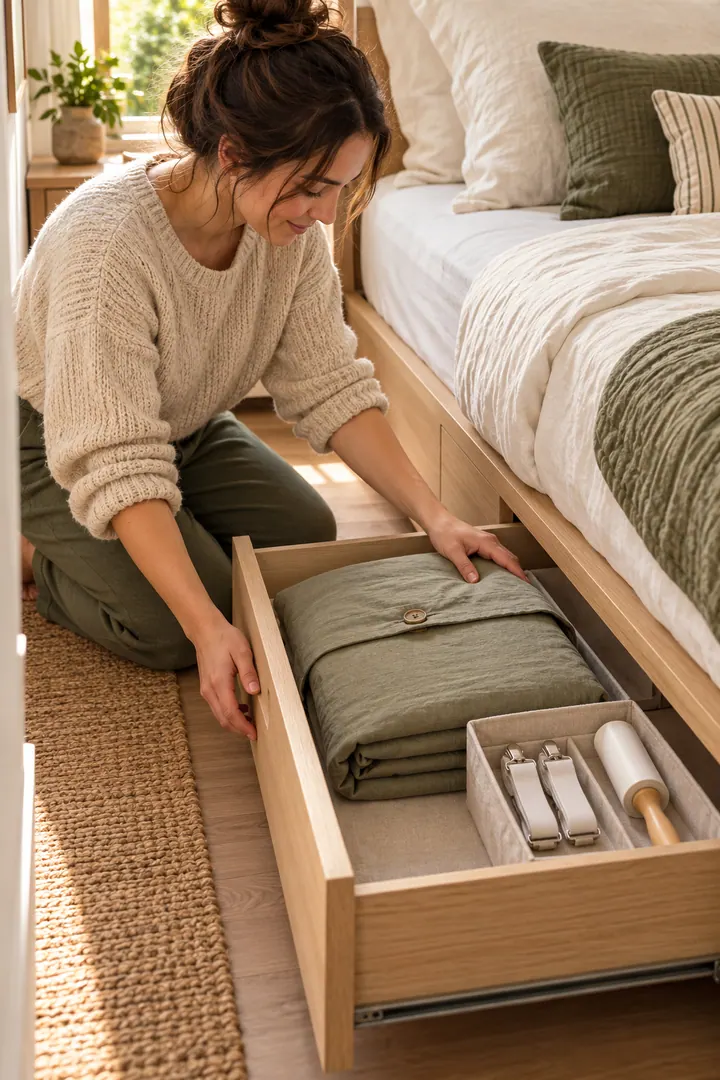 Person opening a shallow bed-base drawer containing a sheet set bundled in its pillowcase and a small linen-change pocket.