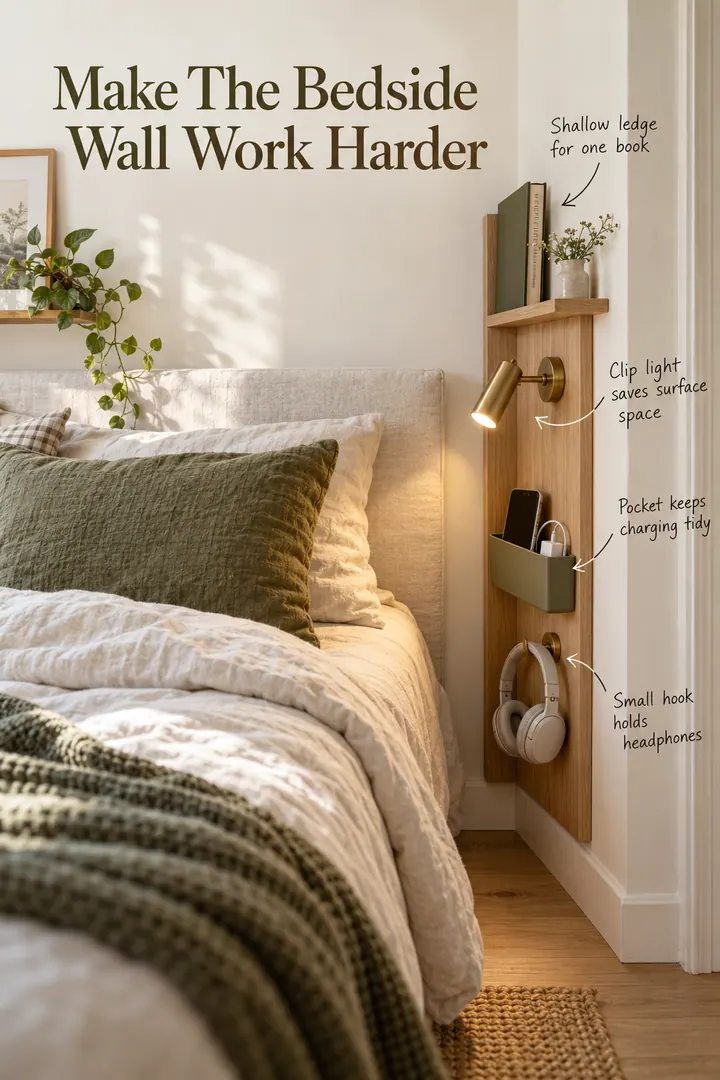 Compact warm bedroom with a shallow bedside ledge, charging pocket, clip light, and headphone hook annotated on the wall.