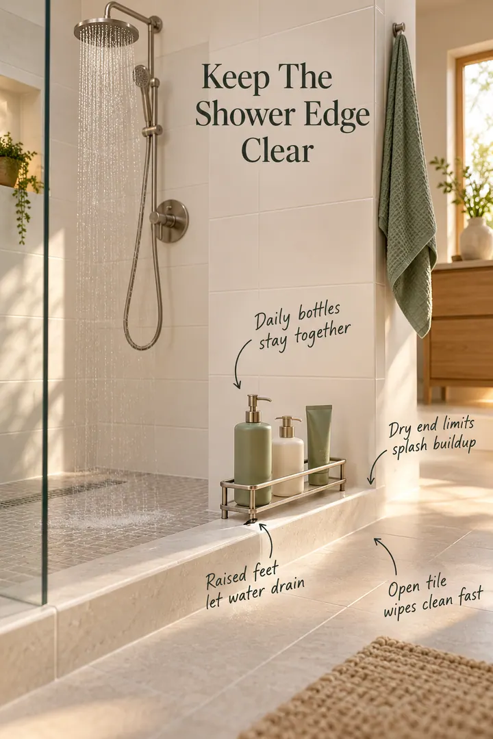Compact tiled shower with an annotated raised bottle rail placed at the dry end of a wide shower curb.