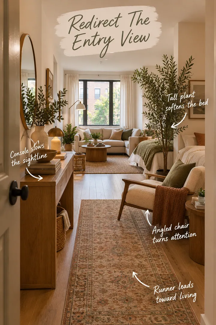 Warm studio apartment entry with a slim console, tall plant, angled chair, and runner redirecting the view from the bed.