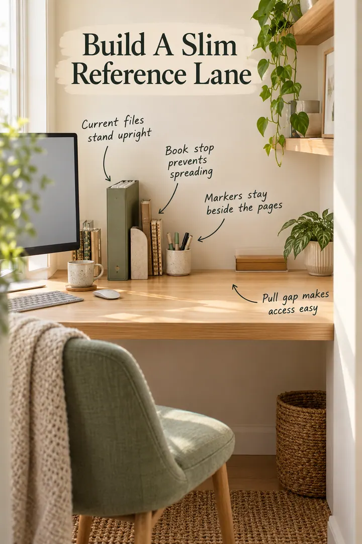 Shallow apartment desk with an annotated vertical reference lane for current files, books, and page markers.