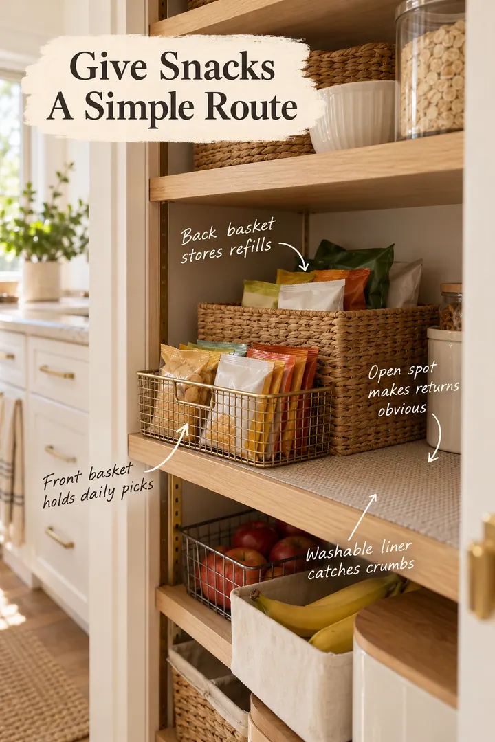 Narrow pantry shelf annotated with front snack basket, rear refill basket, return space, and washable liner.