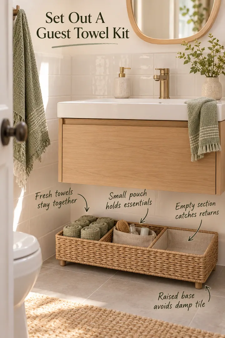 Small bathroom vanity with an annotated divided guest basket holding clean towels and a compact essentials pouch.
