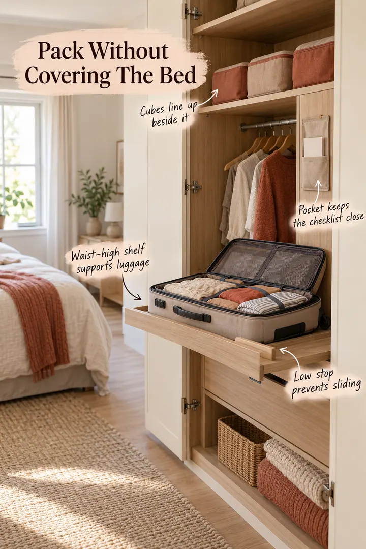 Compact bedroom wardrobe with an open suitcase on a waist-high packing shelf beside packing cubes.