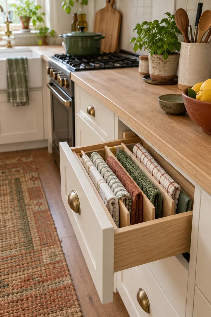 Open narrow kitchen drawer with tea towels file-folded vertically behind an adjustable divider.