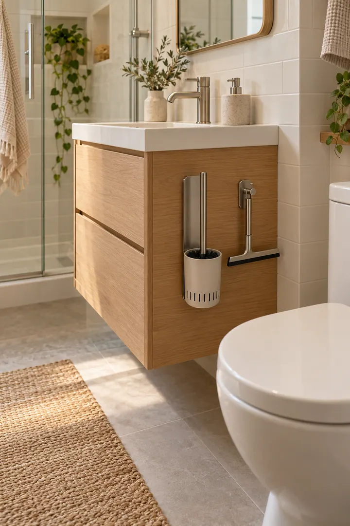 Small bathroom with a slim wall-mounted dock holding a toilet brush and squeegee beside the vanity.