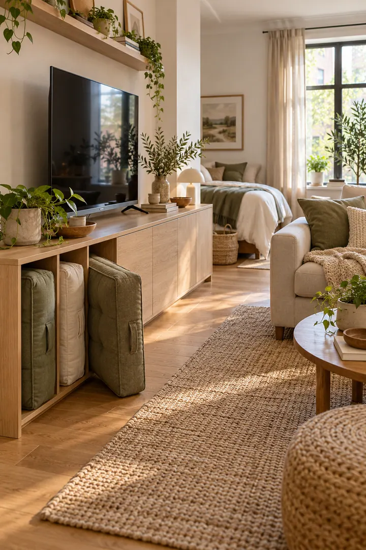 Warm compact studio with structured floor cushions stored vertically beneath a low media cabinet.