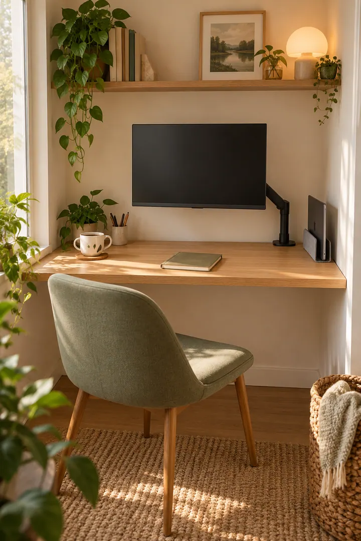 Shallow home office desk with an arm-mounted monitor, vertically docked laptop, and open writing area.