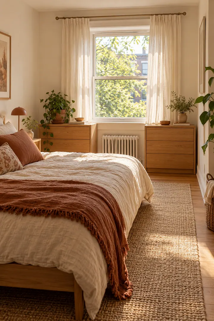Compact bedroom with two low drawer units positioned beneath the outer edges of a bright window.