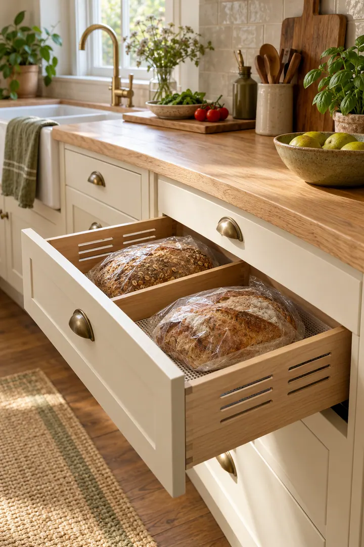 Open ventilated kitchen drawer holding two bread loaves above a removable crumb-catching liner.