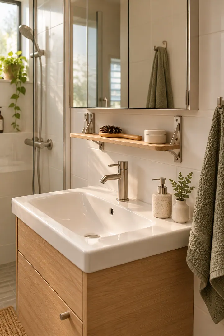 Tiny bathroom vanity with a rounded fold-down grooming shelf opened beneath the mirrored cabinet.