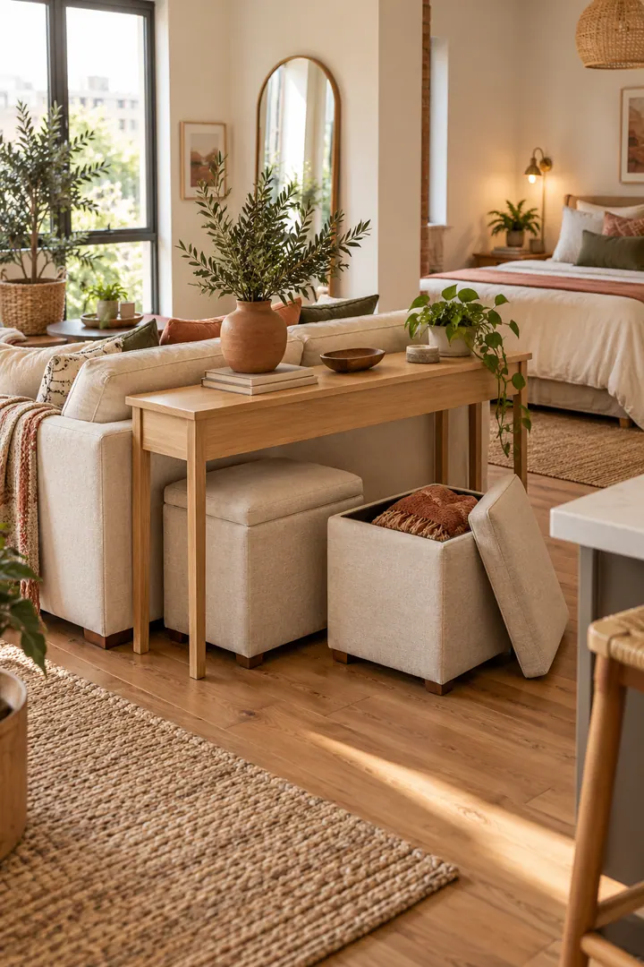 Warm studio apartment with two compact storage ottomans fitted beneath a slim open console.