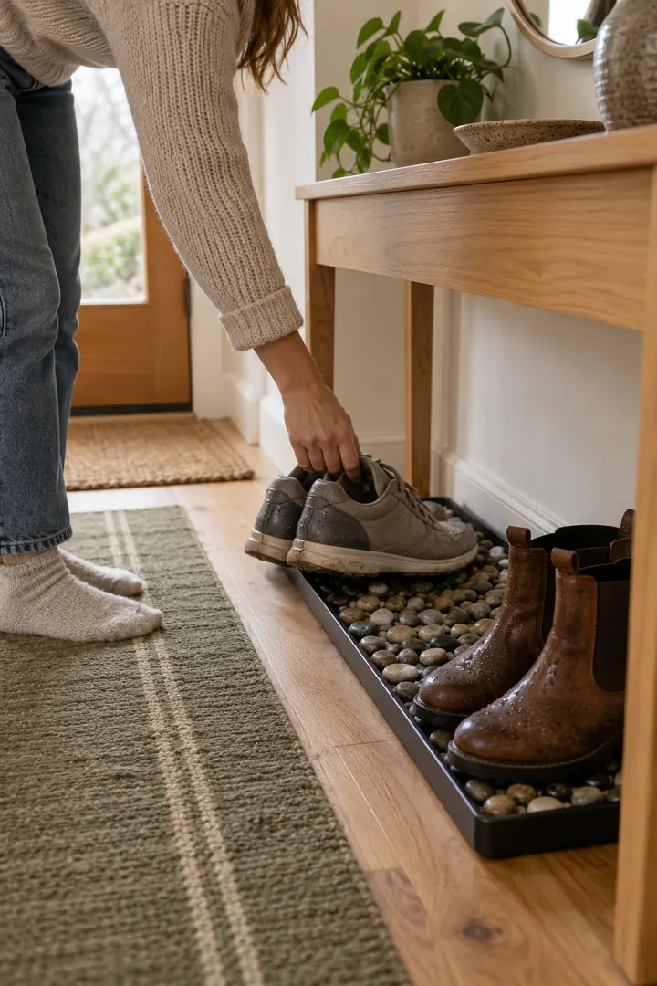 Hand placing damp shoes on a narrow pebble-lined drip tray beneath a small apartment entry console.