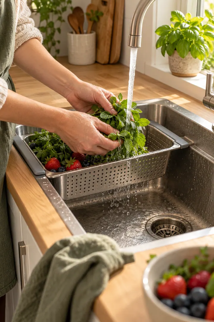 Hands rinsing herbs and berries in a removable perforated basket spanning one side of a compact sink.