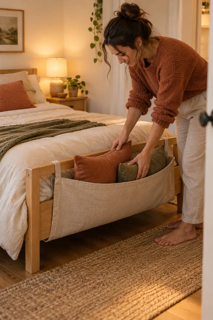 Person placing decorative pillows into a soft fabric sling attached to the foot rail of a compact bed.