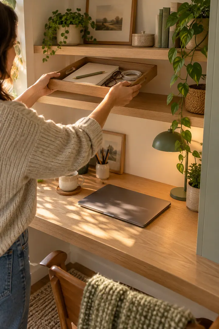 Hands lifting a slim tray of work essentials from a tiny desk to the open shelf above.