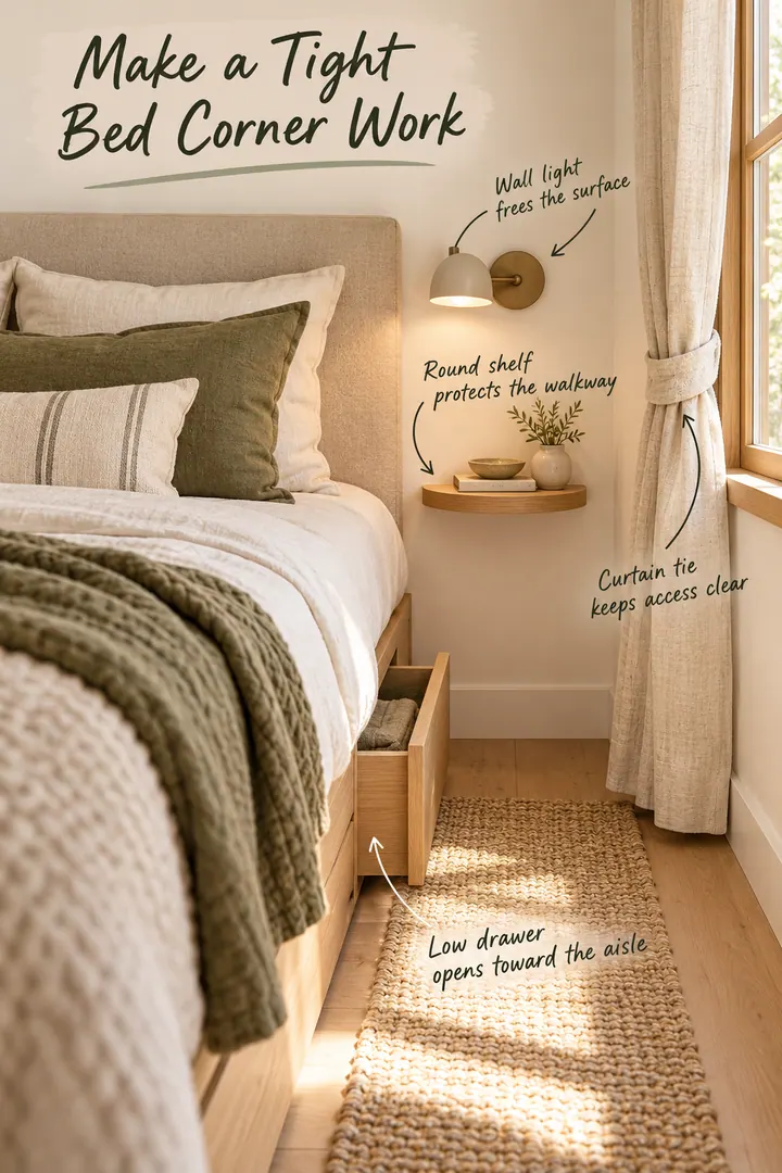 Annotated compact bedroom showing a rounded bedside shelf, wall light, curtain tie, and low drawer beside a narrow walkway.
