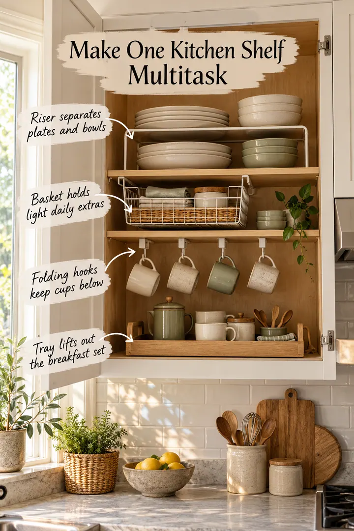 Annotated small kitchen cabinet with a plate riser, under-shelf basket, folding cup hooks, and handled breakfast tray.