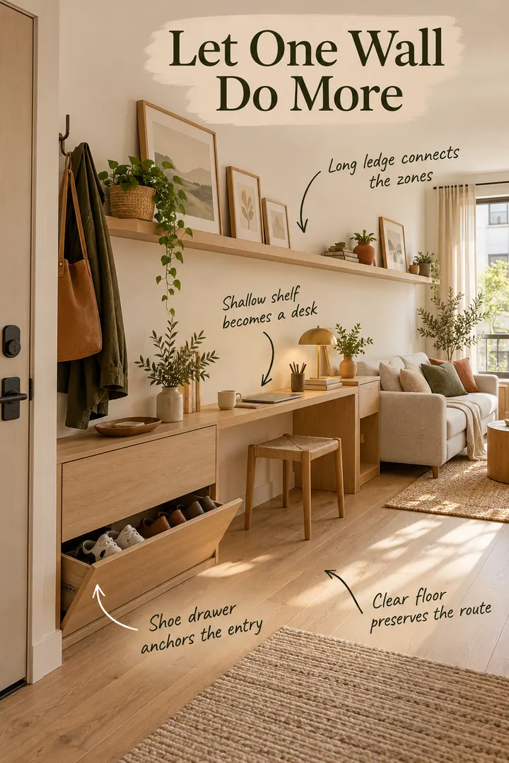 Annotated studio apartment wall combining a shoe drawer, shallow desk, long ledge, and clear walking route.