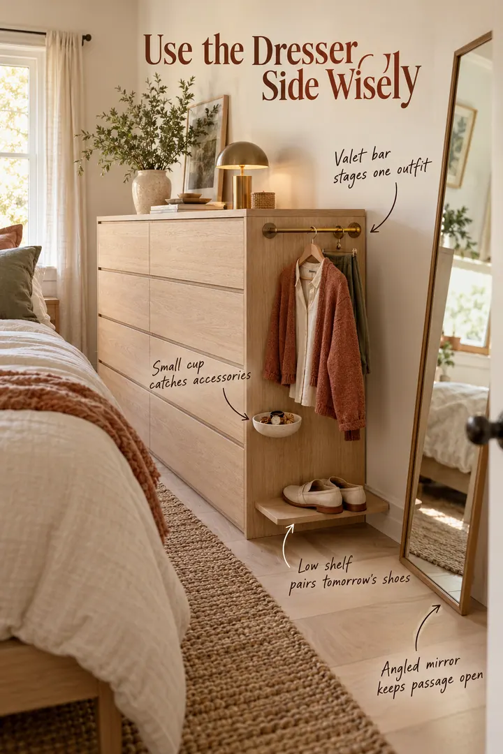 Annotated small bedroom dresser with a side valet bar, accessory cup, low shoe shelf, and angled mirror.
