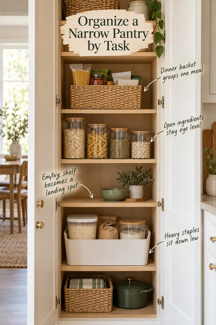 Annotated narrow pantry organized with a dinner basket, eye-level ingredients, low staples, and an empty landing shelf.