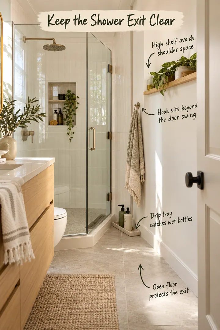 Annotated tiny bathroom showing a towel hook, high shelf, drip tray, and clear floor around a glass shower door.