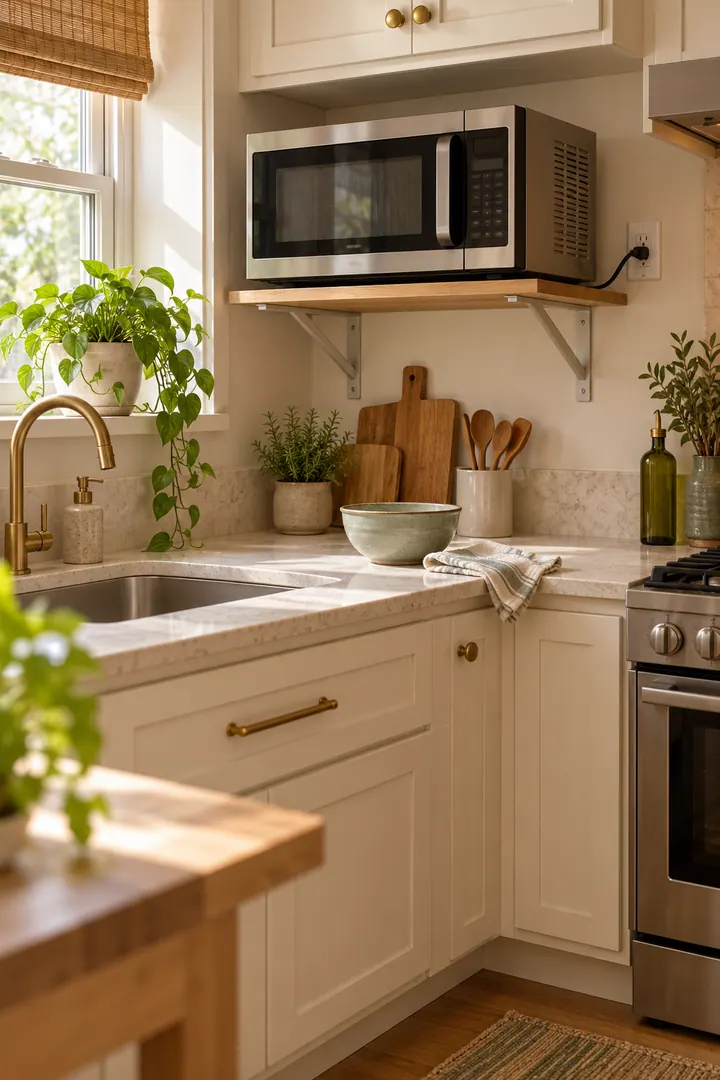 Compact kitchen with a microwave on a ventilated wall shelf above a clear shallow preparation surface.